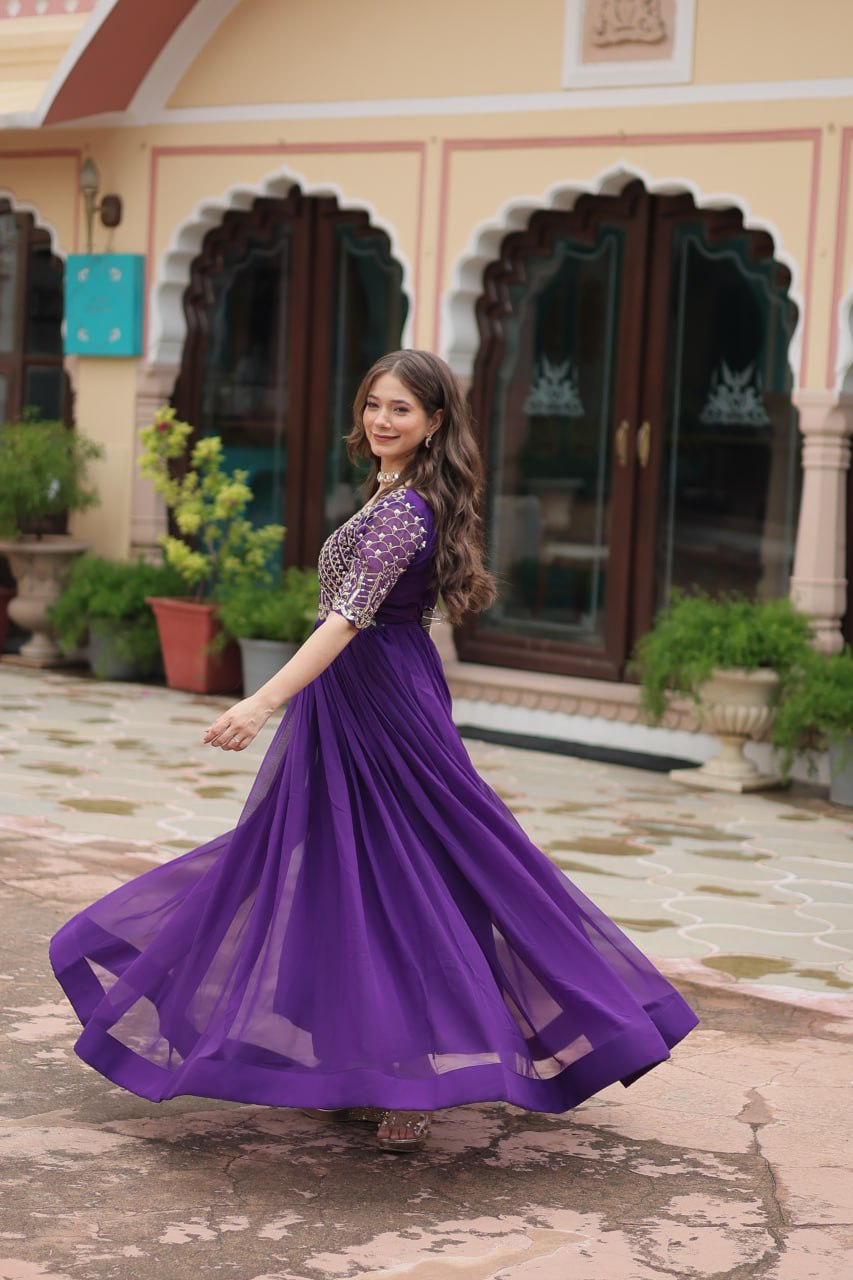 Radiant Faux Georgette Zari Sequins Worked Designer Gown - Ethnicwish