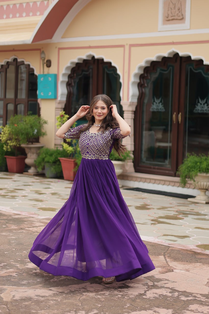 Radiant Faux Georgette Zari Sequins Worked Designer Gown - Ethnicwish