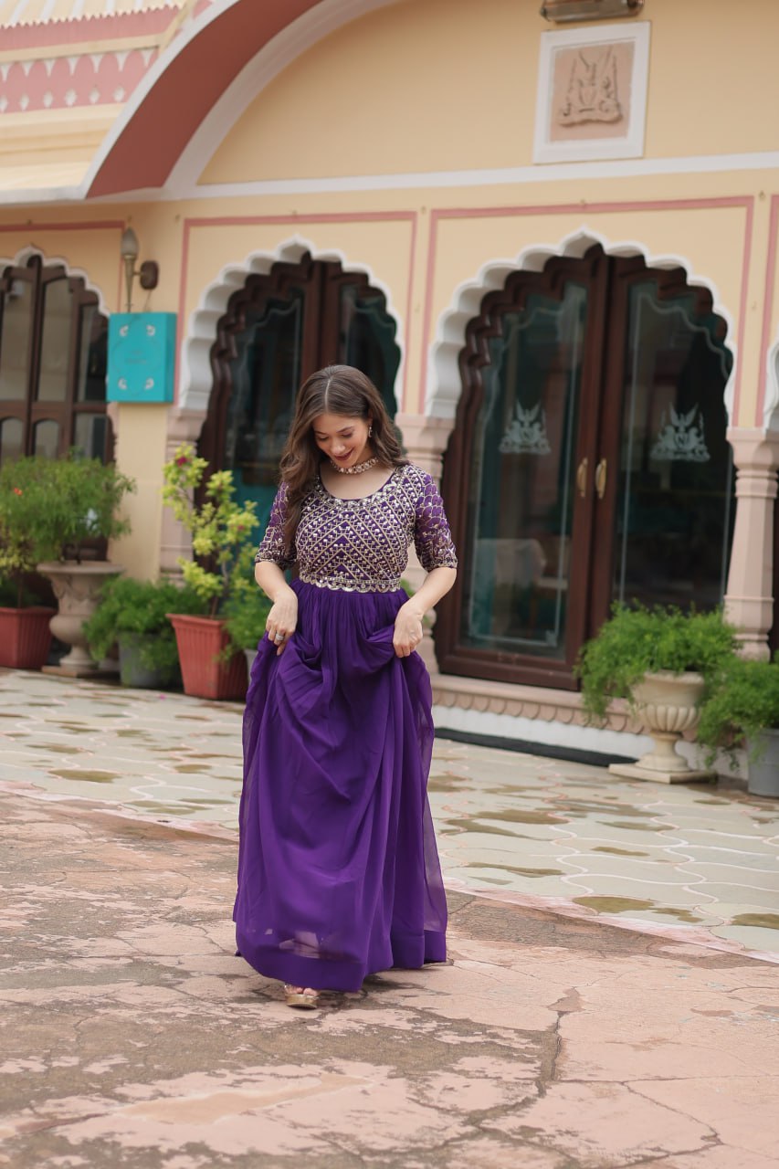 Radiant Faux Georgette Zari Sequins Worked Designer Gown - Ethnicwish