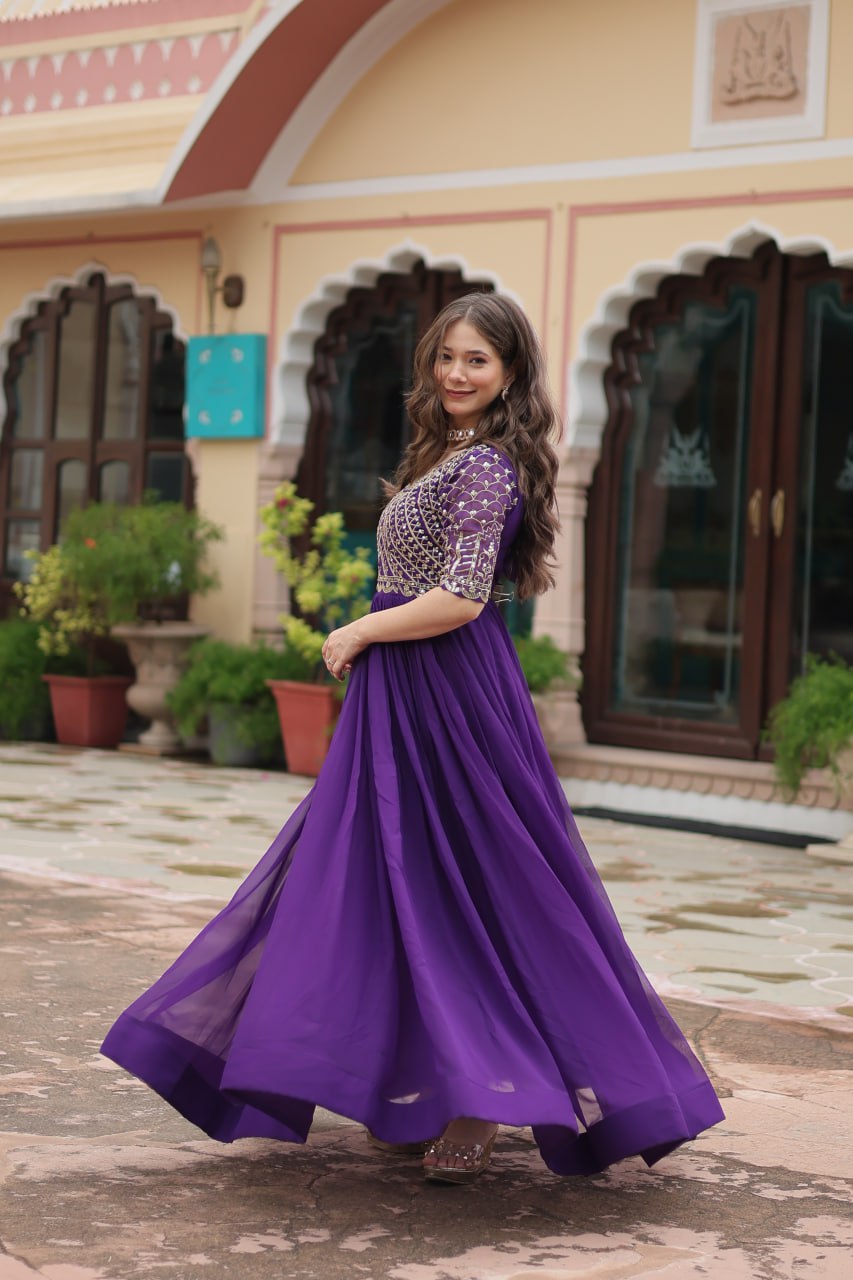 Radiant Faux Georgette Zari Sequins Worked Designer Gown - Ethnicwish