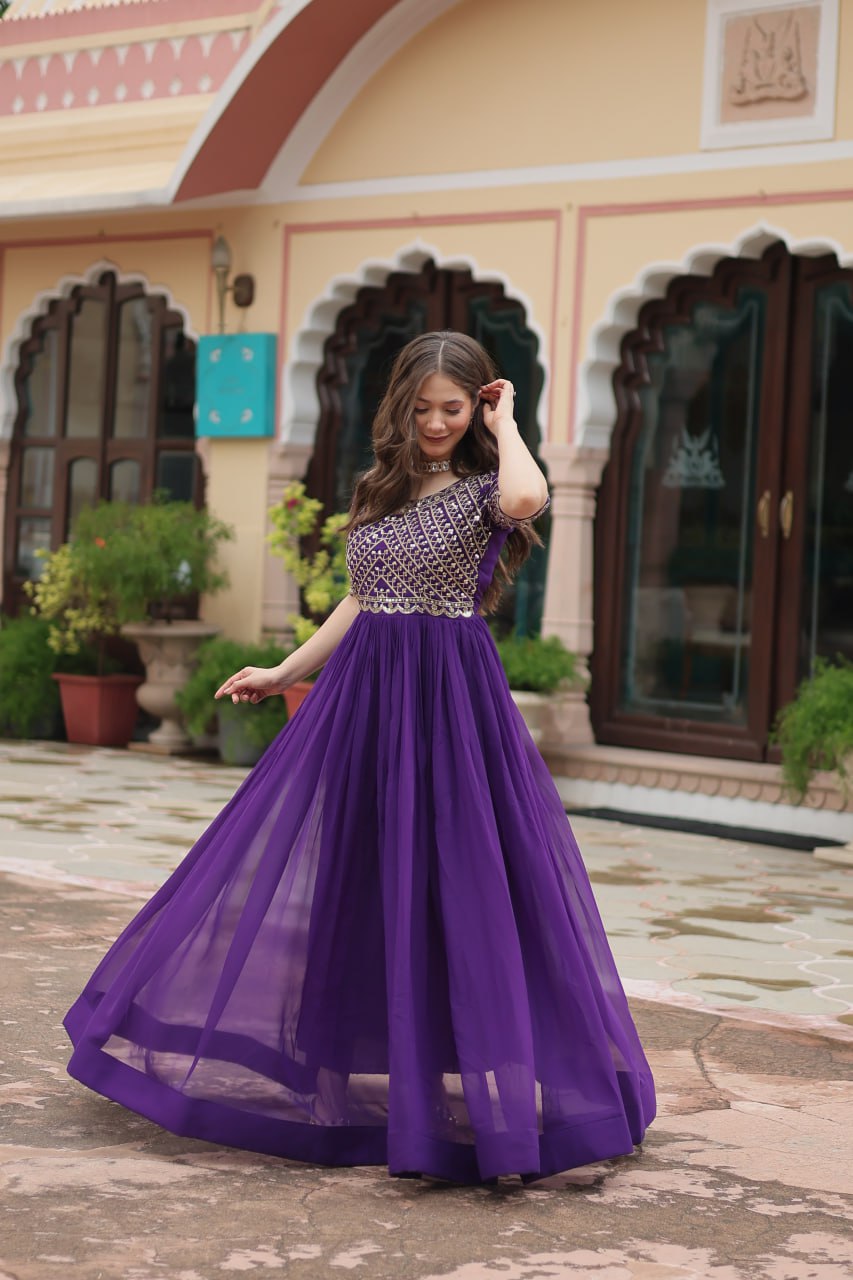 Radiant Faux Georgette Zari Sequins Worked Designer Gown - Ethnicwish