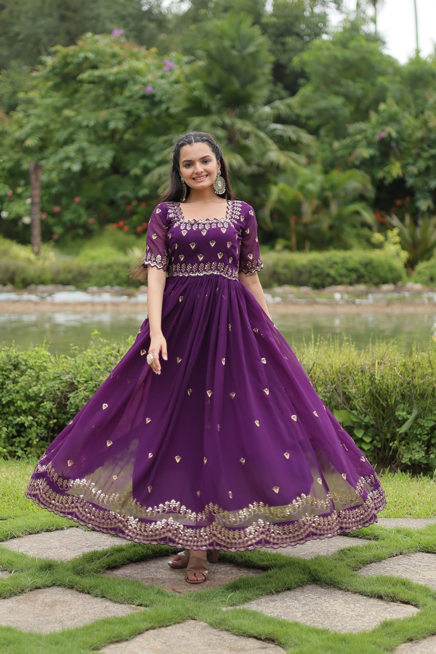 Striking Faux Georgette Zari Sequins Worked Stitched Gown - Ethnicwish