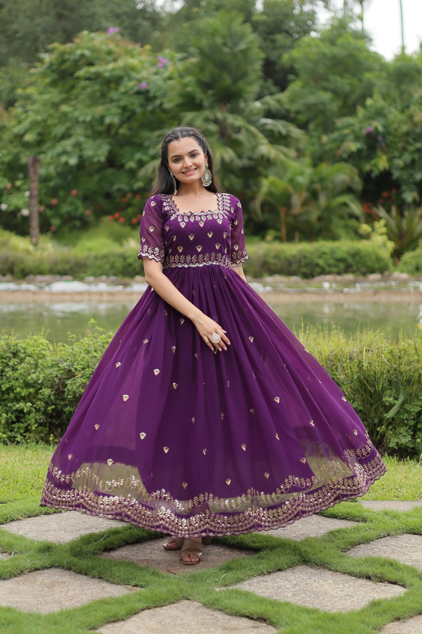 Striking Faux Georgette Zari Sequins Worked Stitched Gown - Ethnicwish