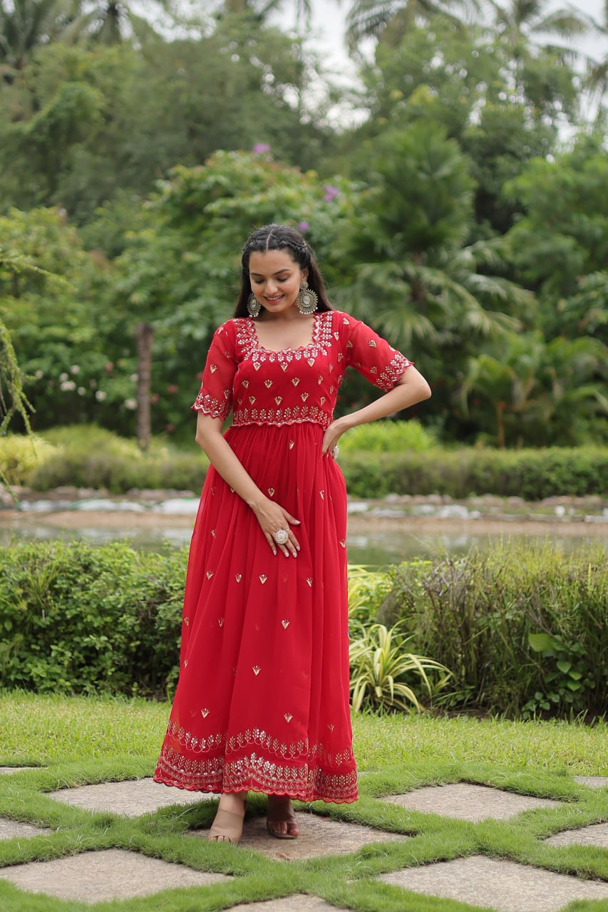 Striking Faux Georgette Zari Sequins Worked Stitched Gown - Ethnicwish