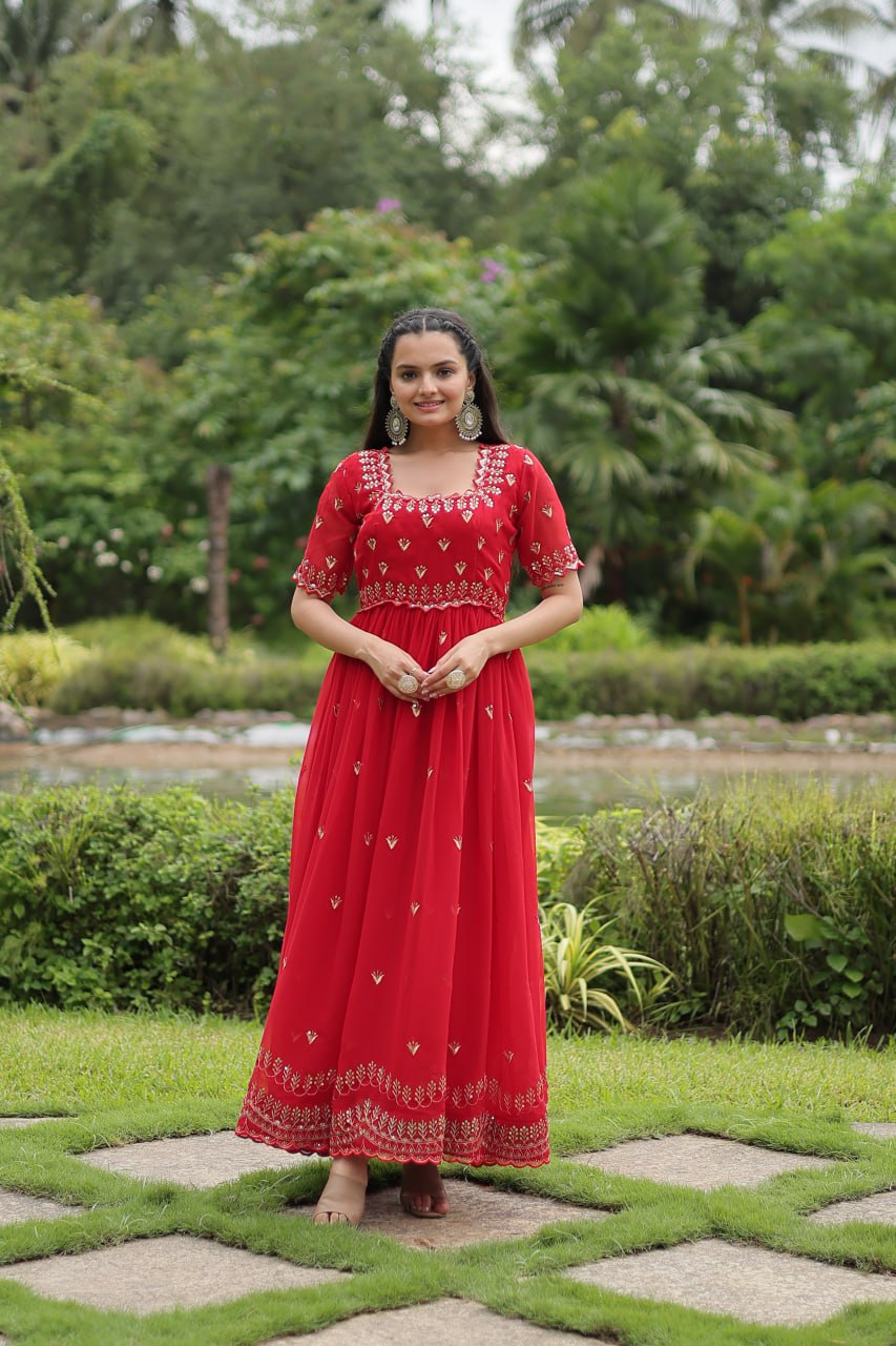 Striking Faux Georgette Zari Sequins Worked Stitched Gown - Ethnicwish