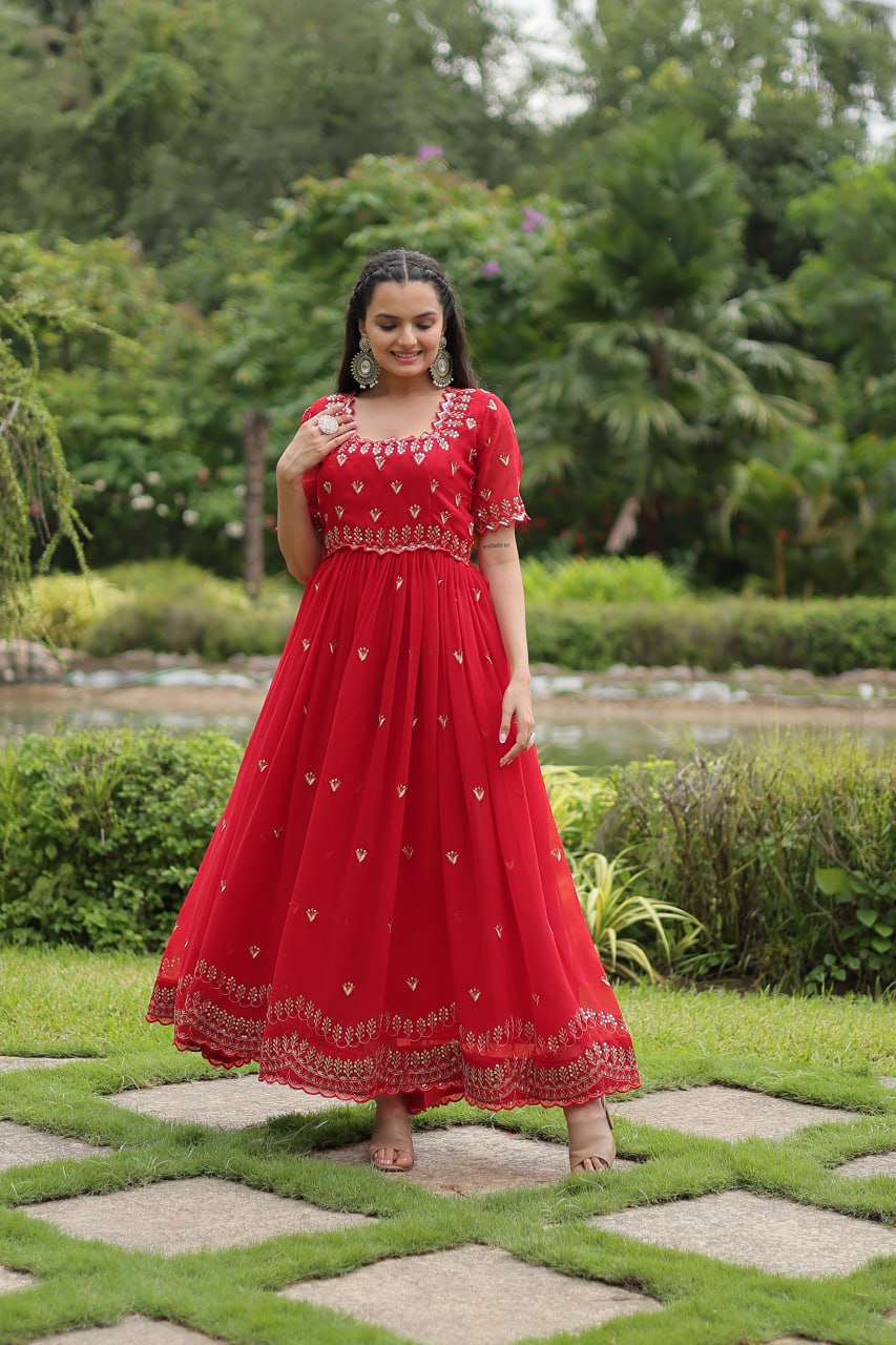 Striking Faux Georgette Zari Sequins Worked Stitched Gown - Ethnicwish