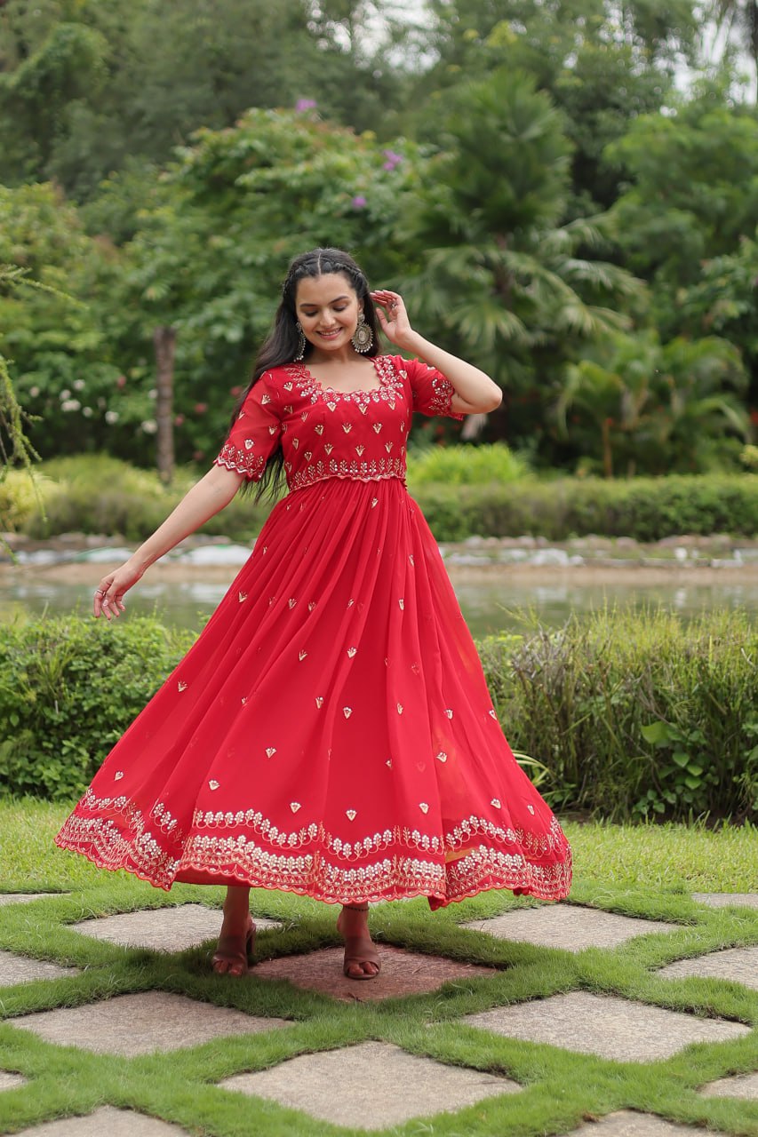 Striking Faux Georgette Zari Sequins Worked Stitched Gown - Ethnicwish