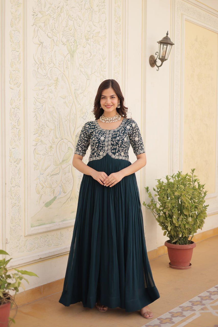Elegant Faux Georgette Zari Sequins Worked Designer Gown - Ethnicwish