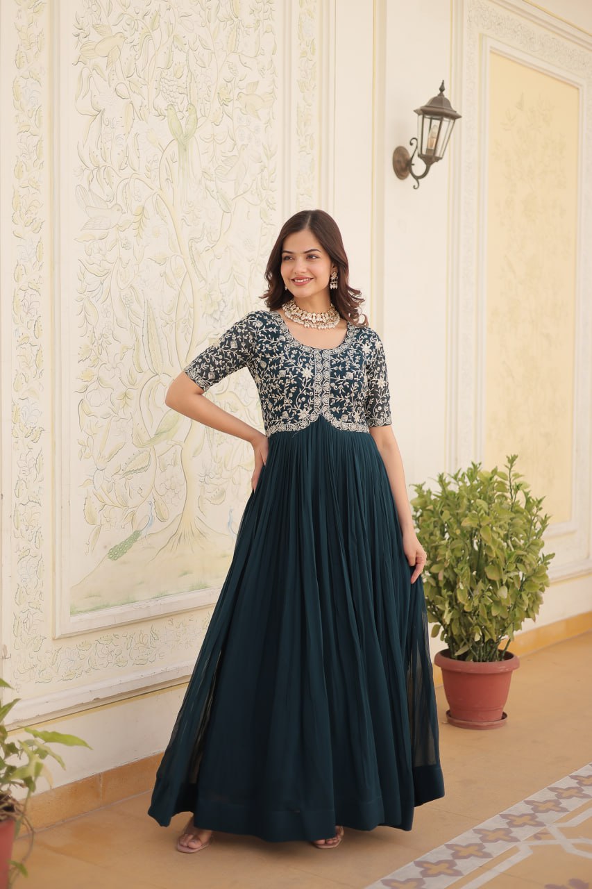 Elegant Faux Georgette Zari Sequins Worked Designer Gown - Ethnicwish