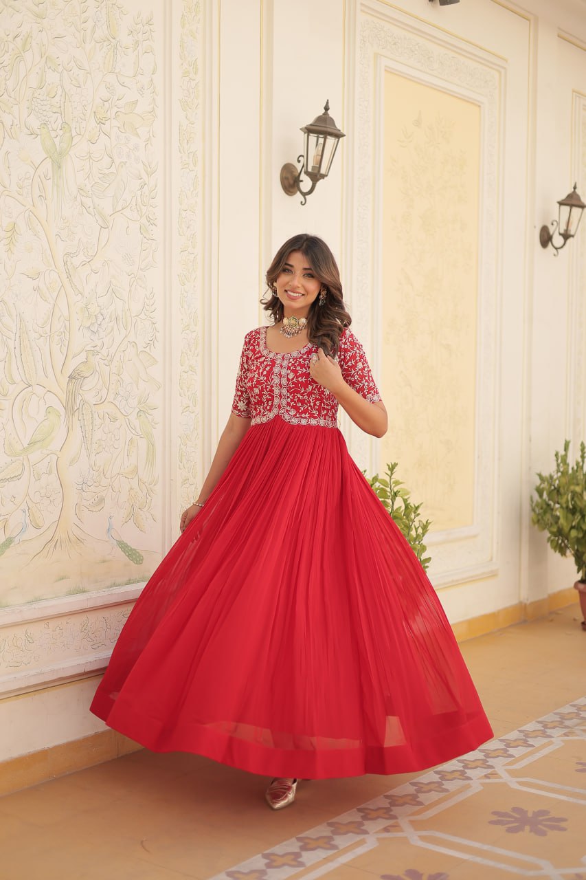 Elegant Faux Georgette Zari Sequins Worked Designer Gown - Ethnicwish
