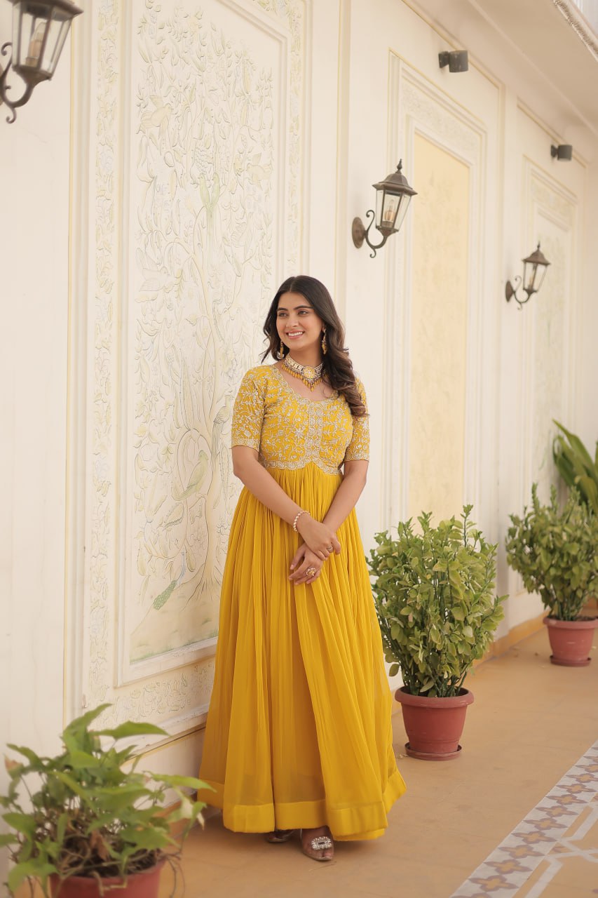 Elegant Faux Georgette Zari Sequins Worked Designer Gown - Ethnicwish