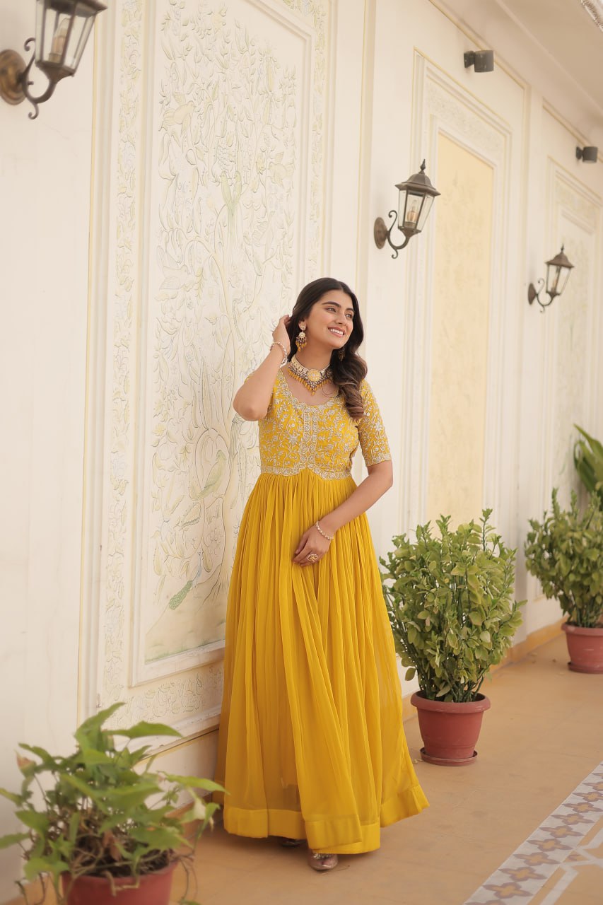 Elegant Faux Georgette Zari Sequins Worked Designer Gown - Ethnicwish