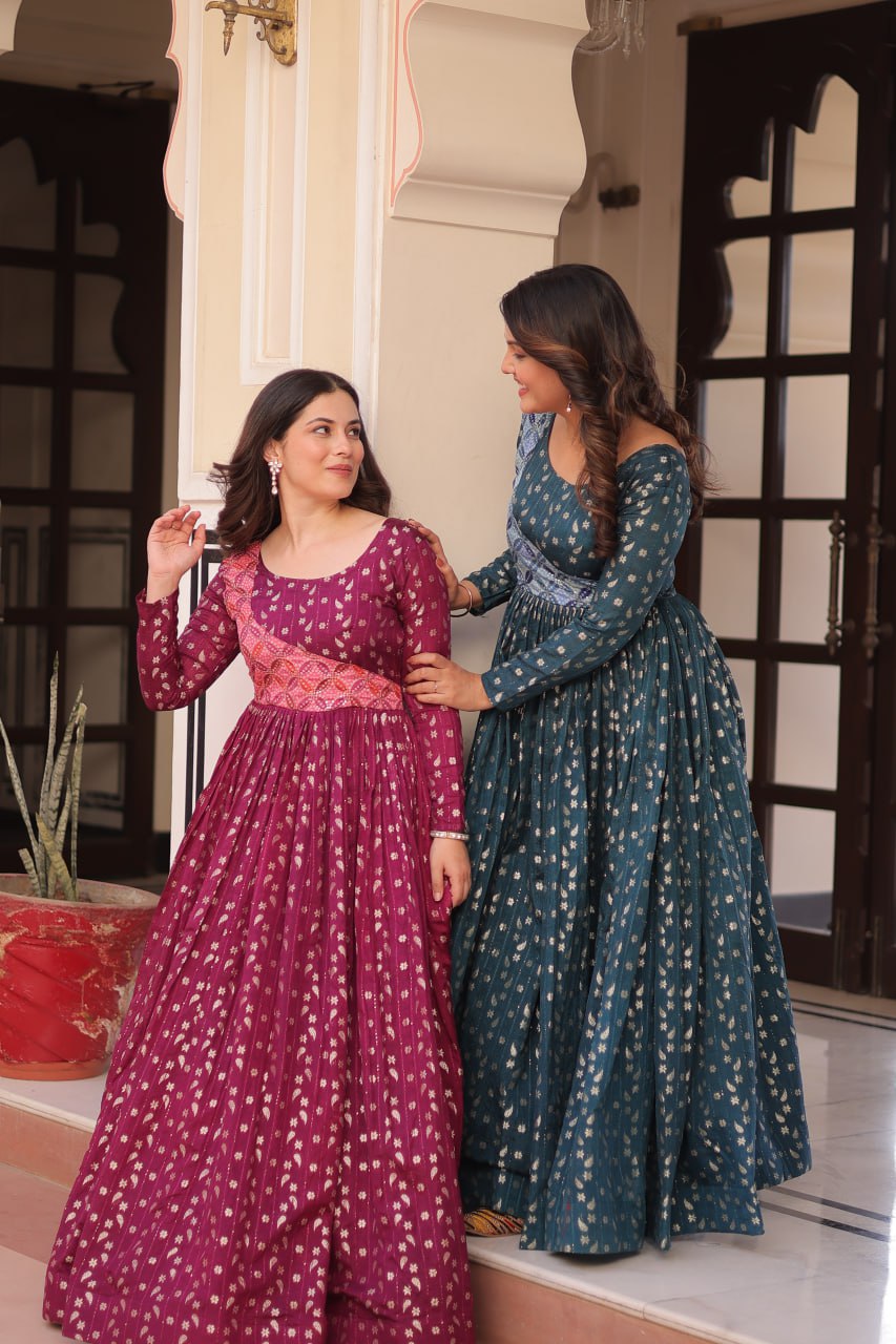 Elegant Staple Jacquard Weaving Gown – Fully Stitched & Ready to Wear - ETHNICDEAL