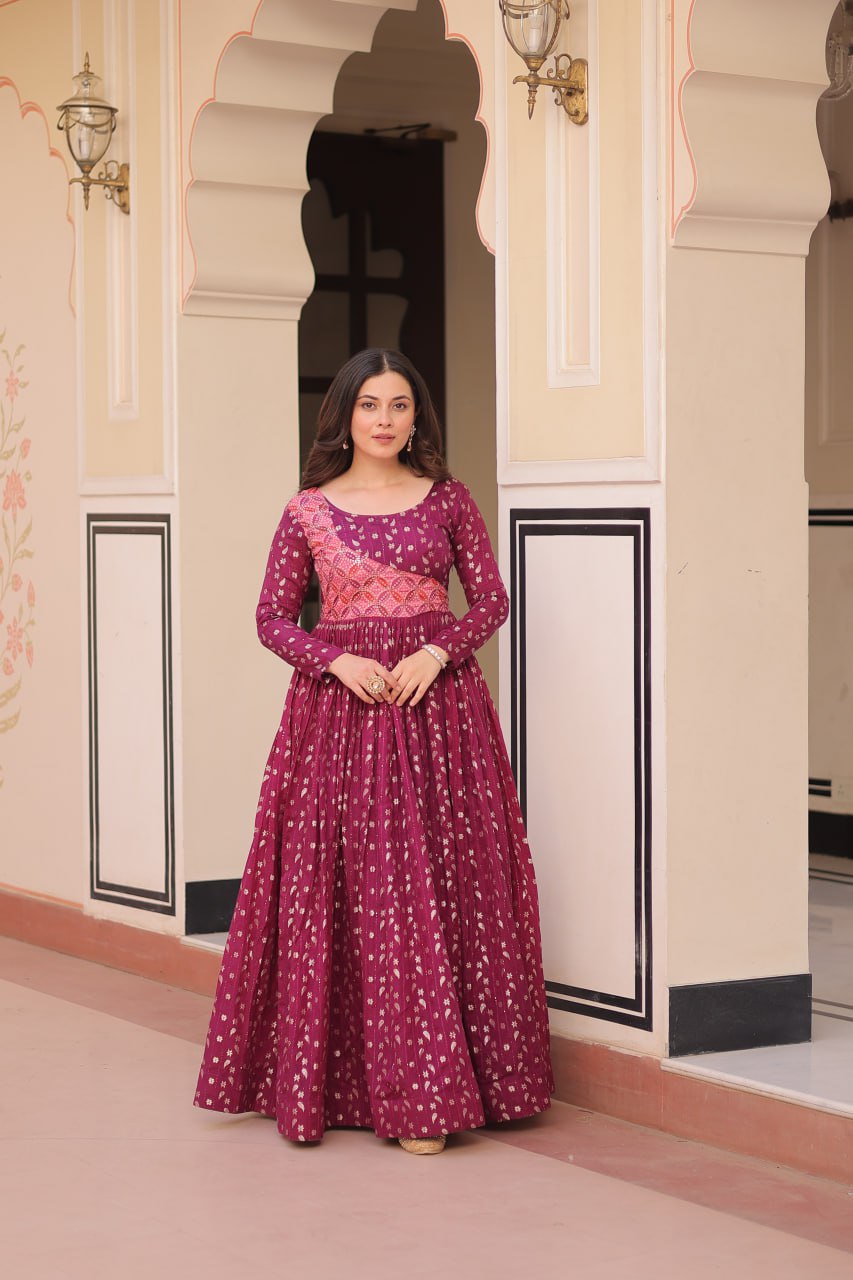 Elegant Staple Jacquard Weaving Gown – Fully Stitched & Ready to Wear - ETHNICDEAL
