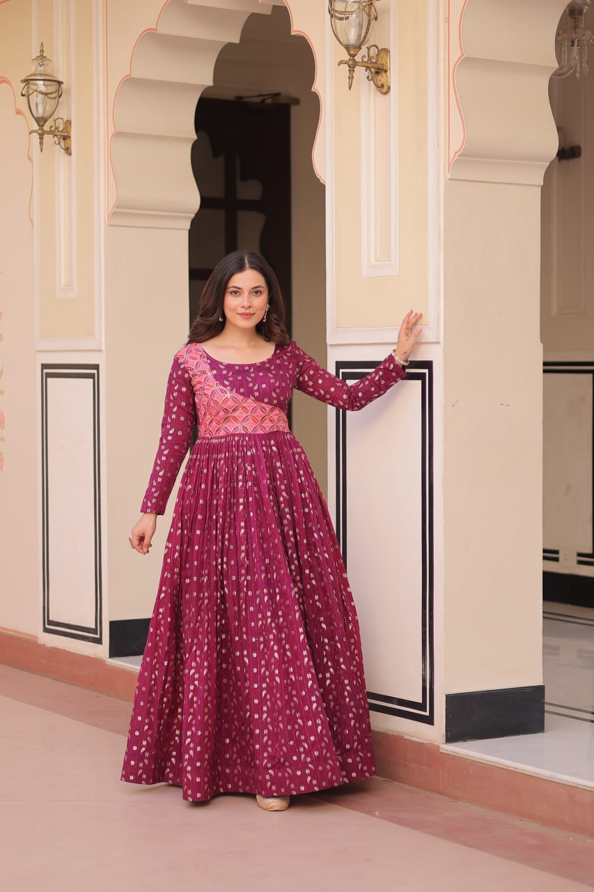 Elegant Staple Jacquard Weaving Gown – Fully Stitched & Ready to Wear - ETHNICDEAL