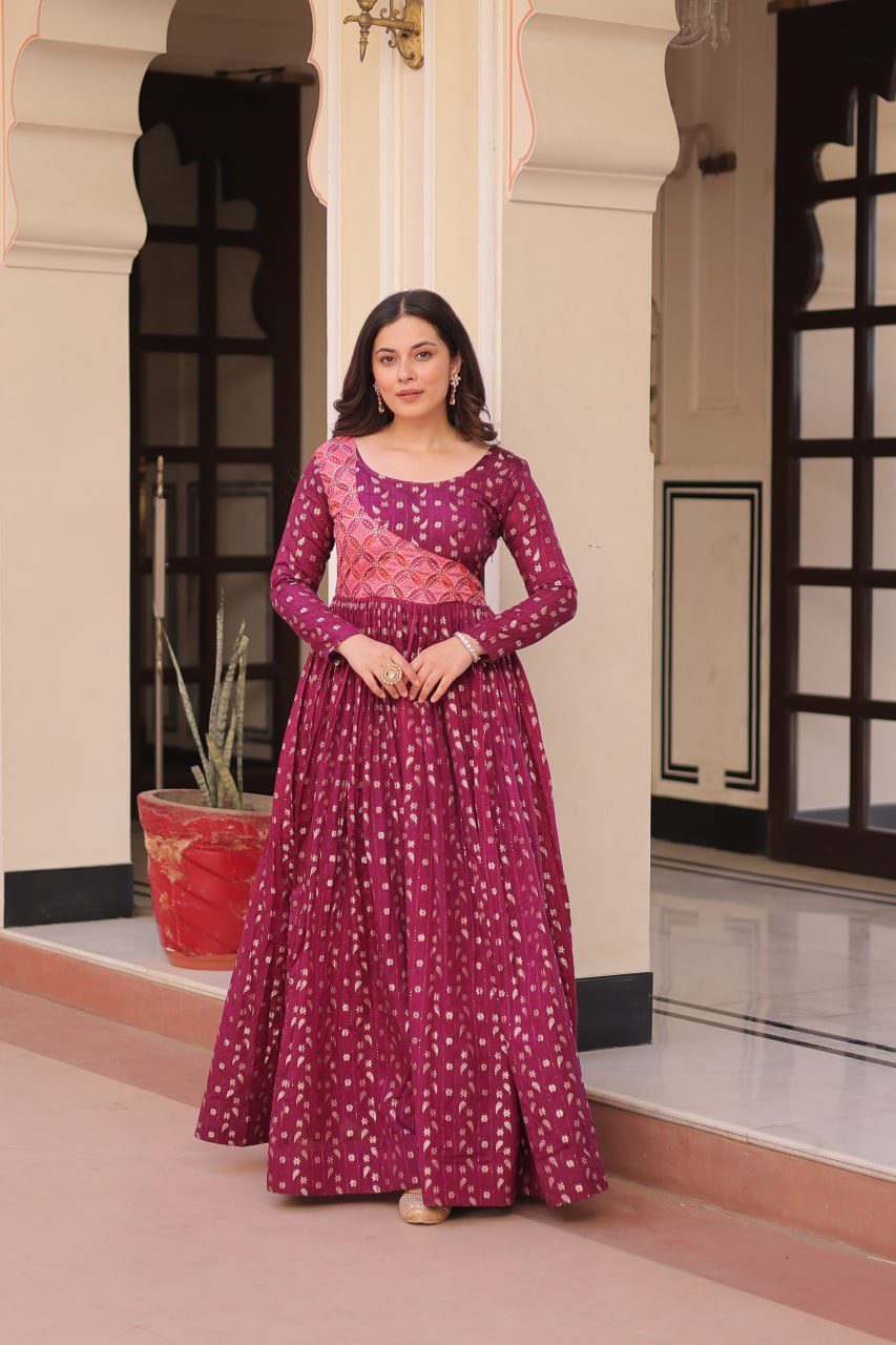 Elegant Staple Jacquard Weaving Gown – Fully Stitched & Ready to Wear - ETHNICDEAL