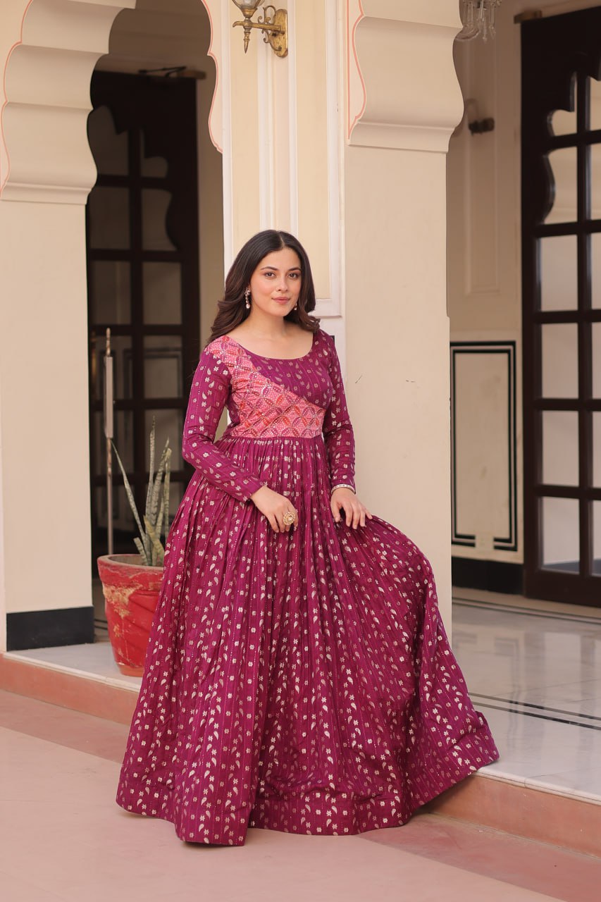 Elegant Staple Jacquard Weaving Gown – Fully Stitched & Ready to Wear - ETHNICDEAL