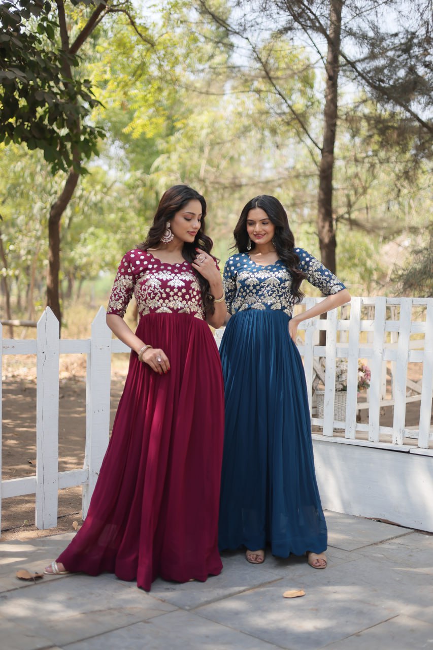 Lovely Faux Georgette Zari Sequins Worked Designer Gown - Ethnicwish