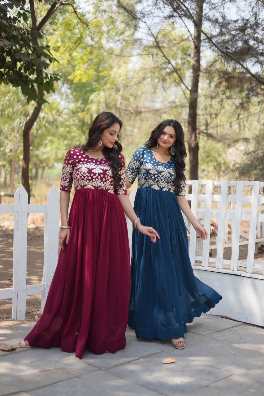 Lovely Faux Georgette Zari Sequins Worked Designer Gown - Ethnicwish