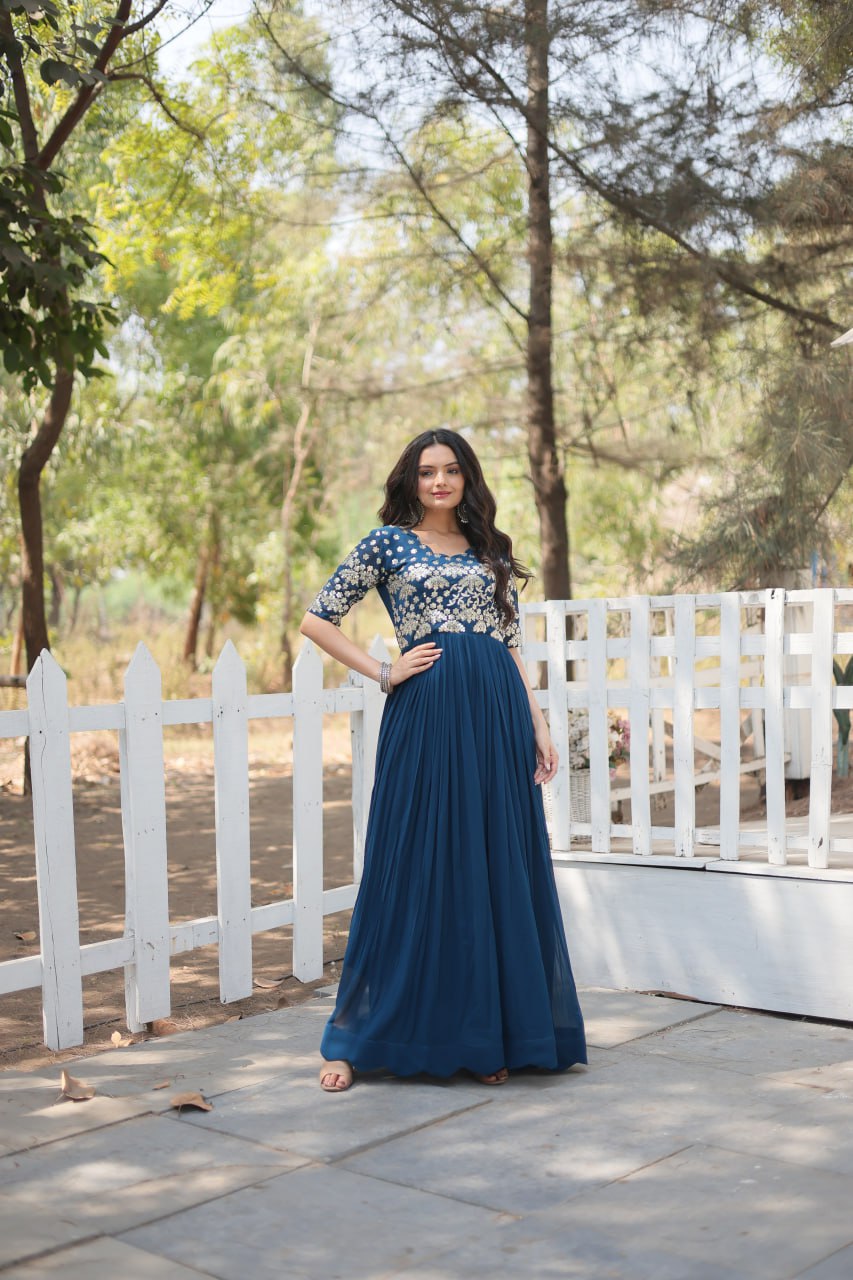 Lovely Faux Georgette Zari Sequins Worked Designer Gown - Ethnicwish