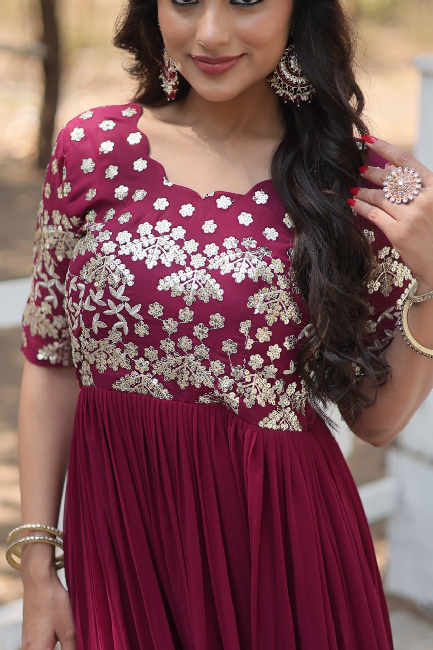 Lovely Faux Georgette Zari Sequins Worked Designer Gown - Ethnicwish