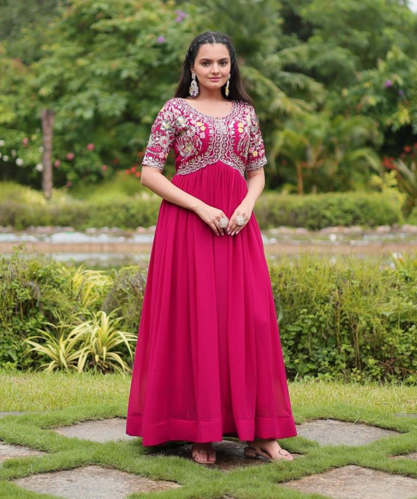 Winsome Faux Georgette Zari Sequins Worked Designer Gown - Ethnicwish