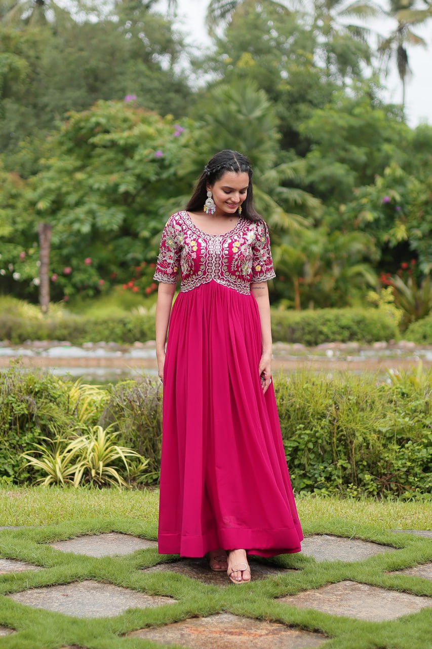 Winsome Faux Georgette Zari Sequins Worked Designer Gown - Ethnicwish