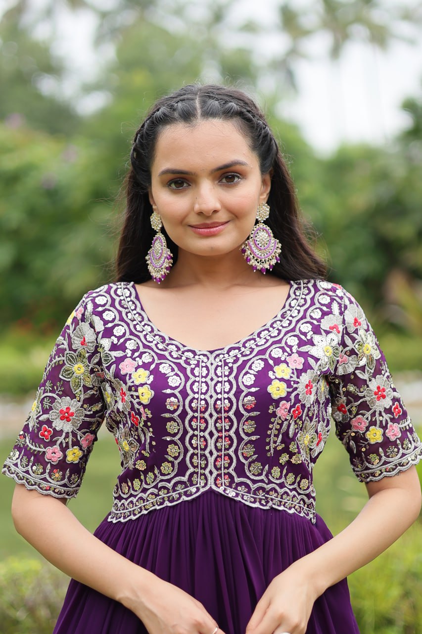 Winsome Faux Georgette Zari Sequins Worked Designer Gown - Ethnicwish