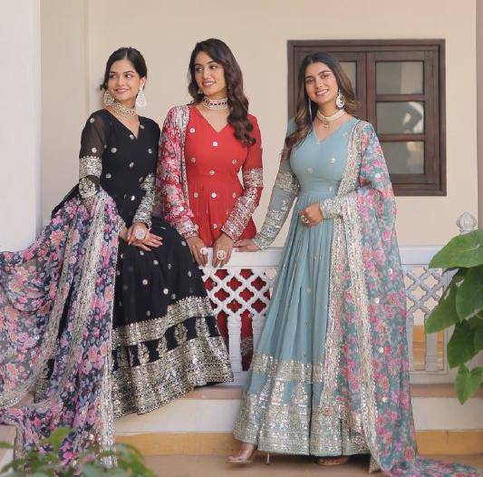 Elegant Faux Georgette Intricate Zari Sequins Worked Gown With Dupatta - Ethnicwish