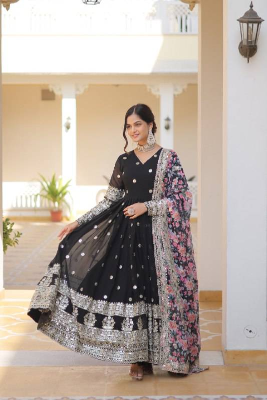 Elegant Faux Georgette Intricate Zari Sequins Worked Gown With Dupatta - Ethnicwish