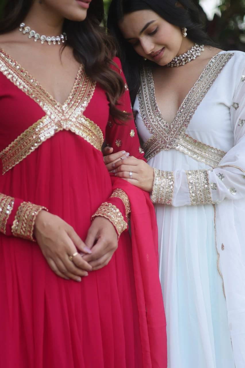 Glamorous Faux Georgette Zari Sequins Worked Gown - Ethnicwish