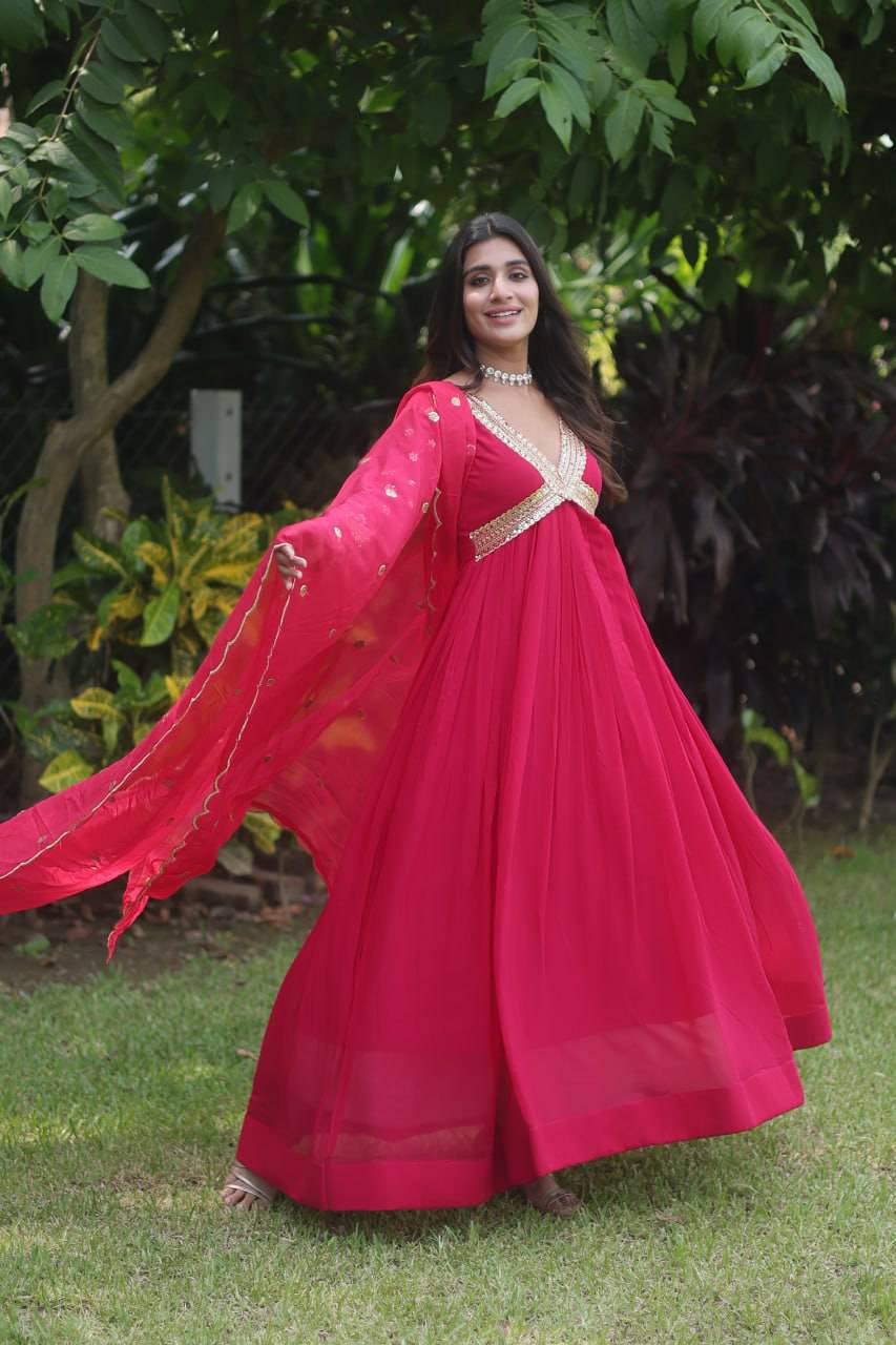 Glamorous Faux Georgette Zari Sequins Worked Gown - Ethnicwish