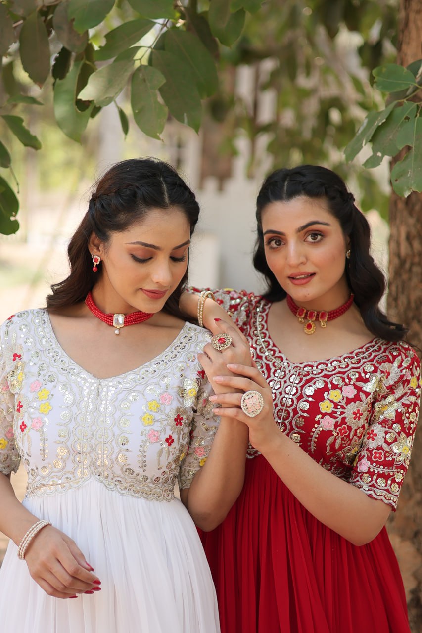 Shimmering Faux Georgette Fully Stitched Designer Gown - Ethnicwish