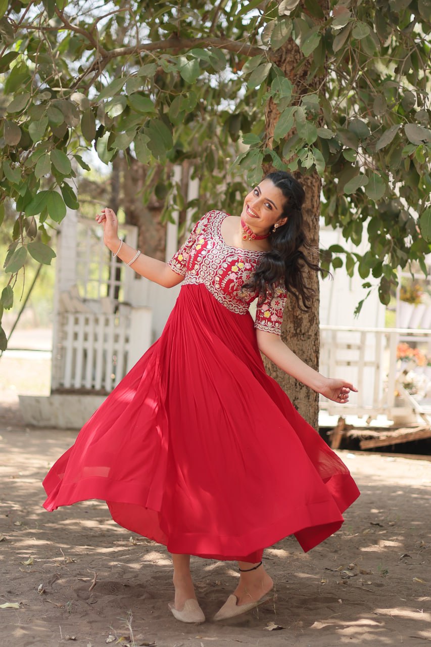 Shimmering Faux Georgette Fully Stitched Designer Gown - Ethnicwish