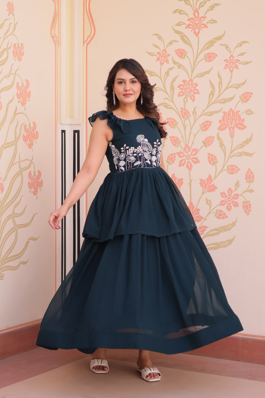Sleeveless Faux Blooming Beads Embroidered Gown – Party & Festive Wear - ETHNICDEAL