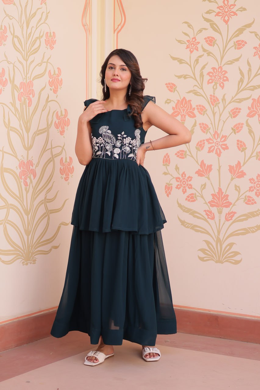 Sleeveless Faux Blooming Beads Embroidered Gown – Party & Festive Wear - ETHNICDEAL