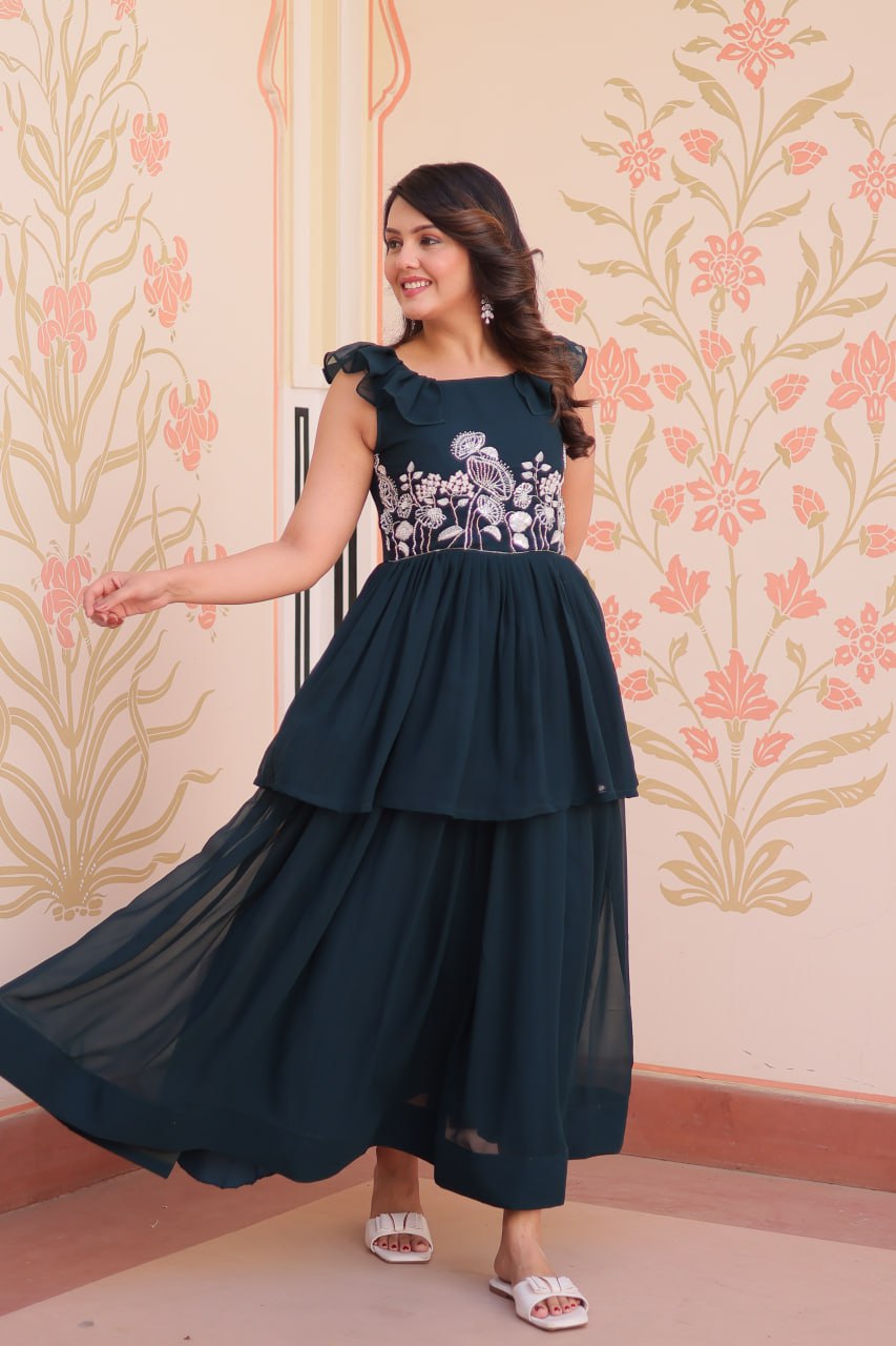 Sleeveless Faux Blooming Beads Embroidered Gown – Party & Festive Wear - ETHNICDEAL