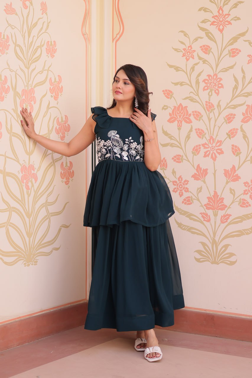 Sleeveless Faux Blooming Beads Embroidered Gown – Party & Festive Wear - ETHNICDEAL