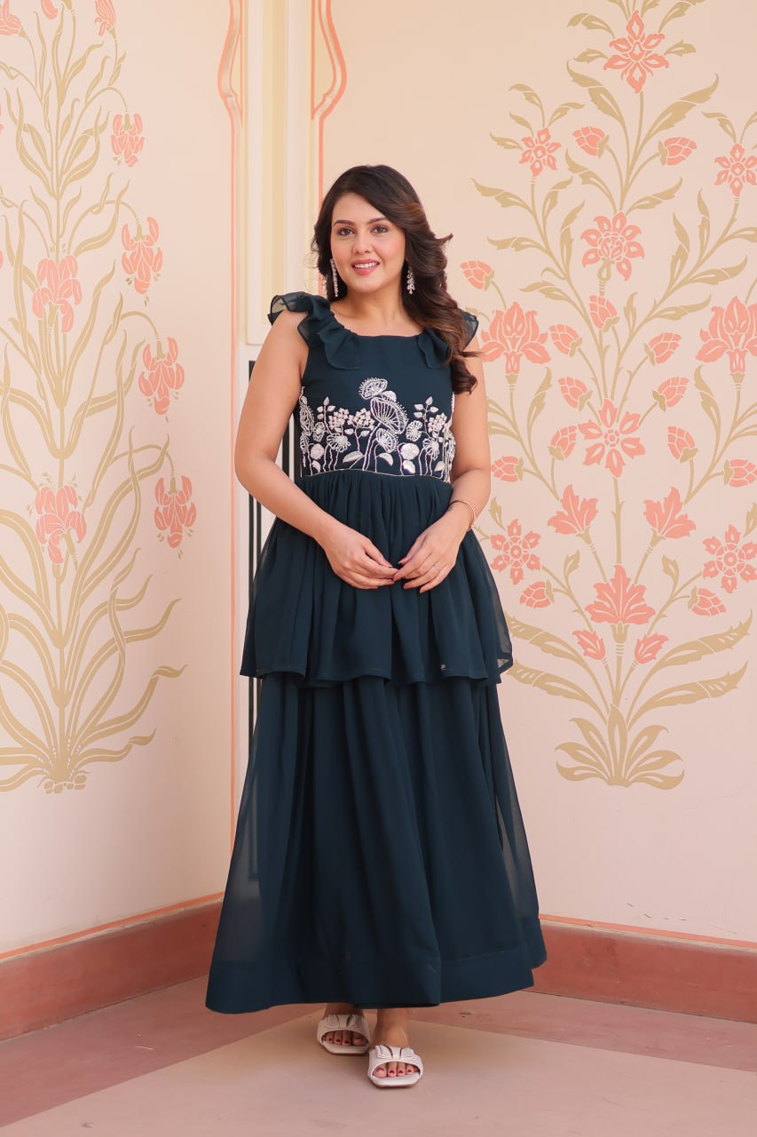 Sleeveless Faux Blooming Beads Embroidered Gown – Party & Festive Wear - ETHNICDEAL