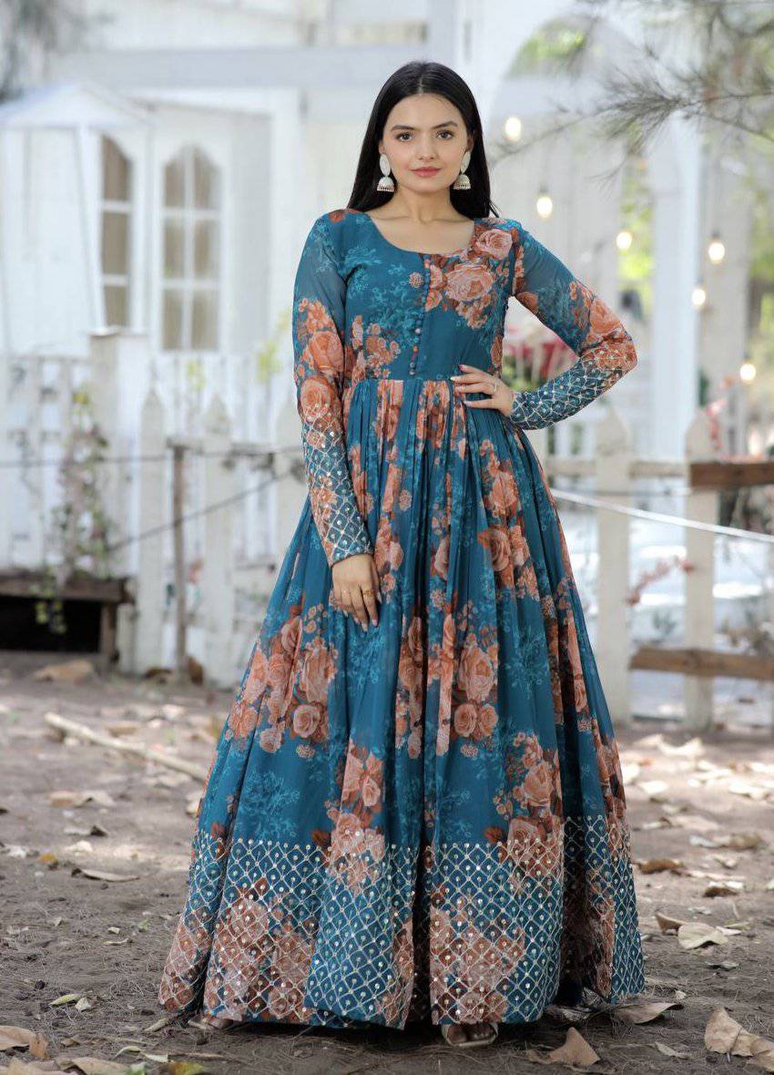 Timeless Floral Digital Printed Faux Georgette Designer Gown - Ethnicwish
