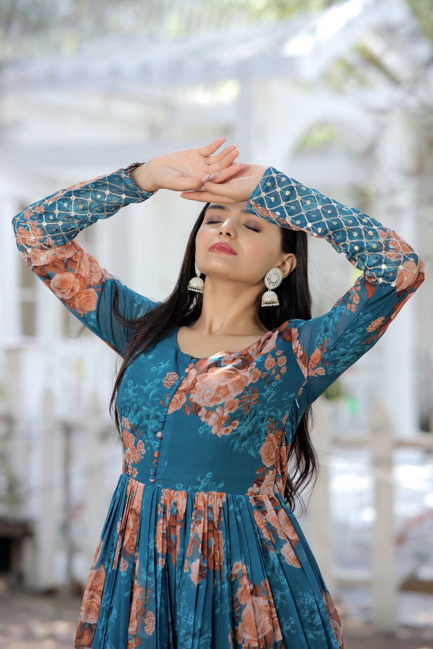 Timeless Floral Digital Printed Faux Georgette Designer Gown - Ethnicwish