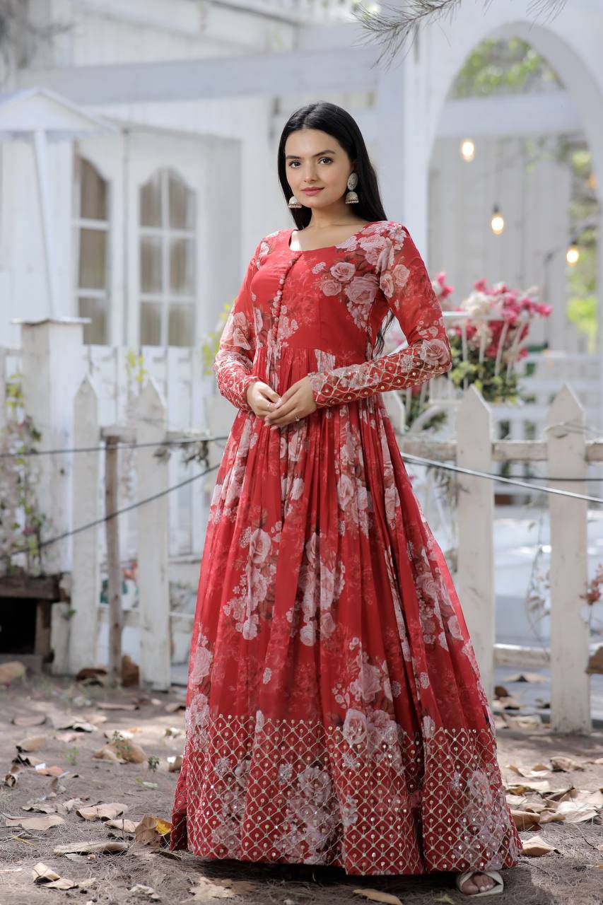 Timeless Floral Digital Printed Faux Georgette Designer Gown - Ethnicwish
