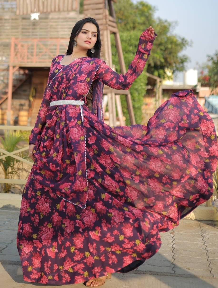 Unique Pink Floral Digital Printed Faux Georgette Fully Stitched Gown With Dupatta - Ethnicwish