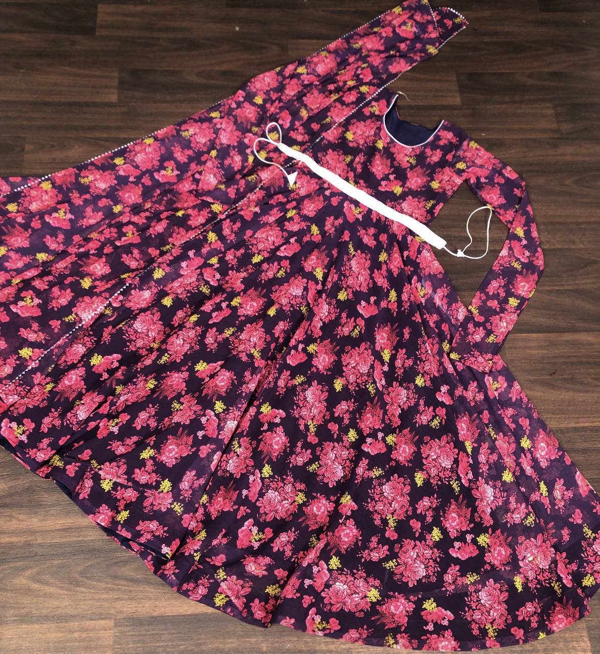 Unique Pink Floral Digital Printed Faux Georgette Fully Stitched Gown With Dupatta - Ethnicwish