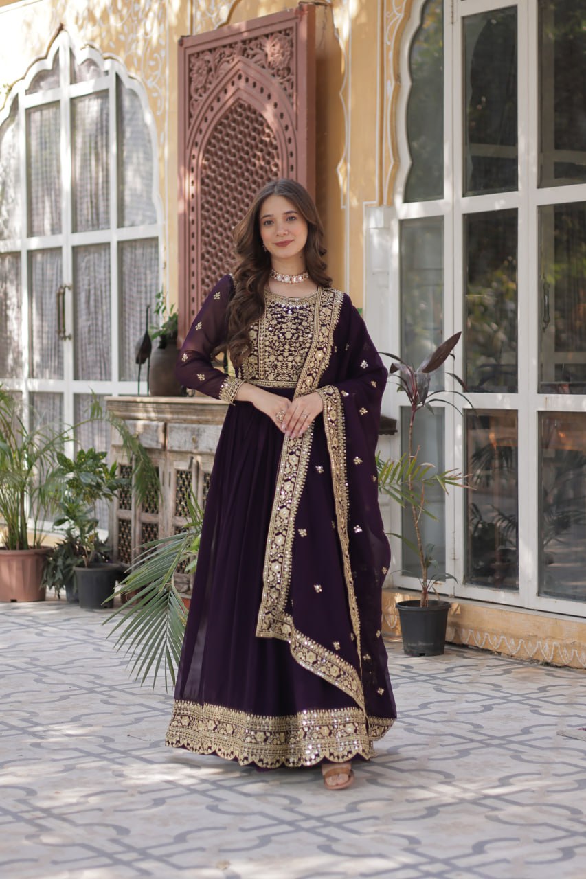 Elegant Faux Georgette Embroidered Gown With Dupatta - ETHNICDEAL