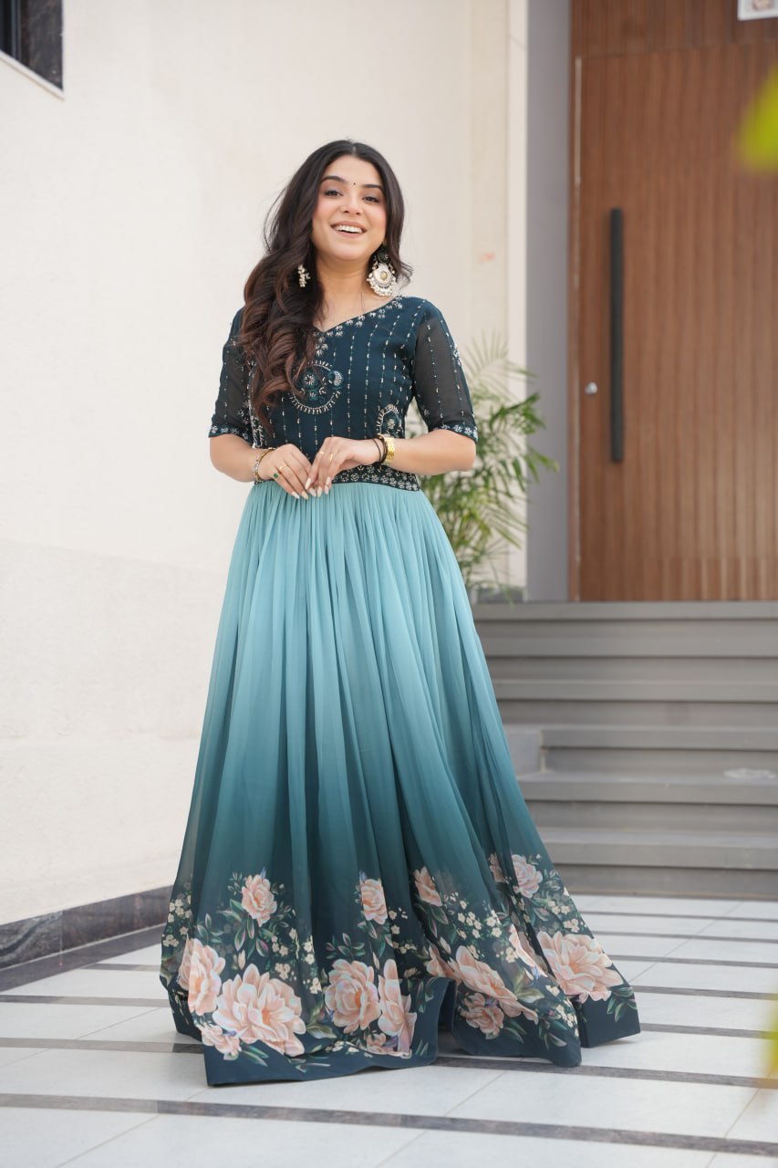 Floral Beaded Embroidered Faux Georgette Gown - ETHNICDEAL