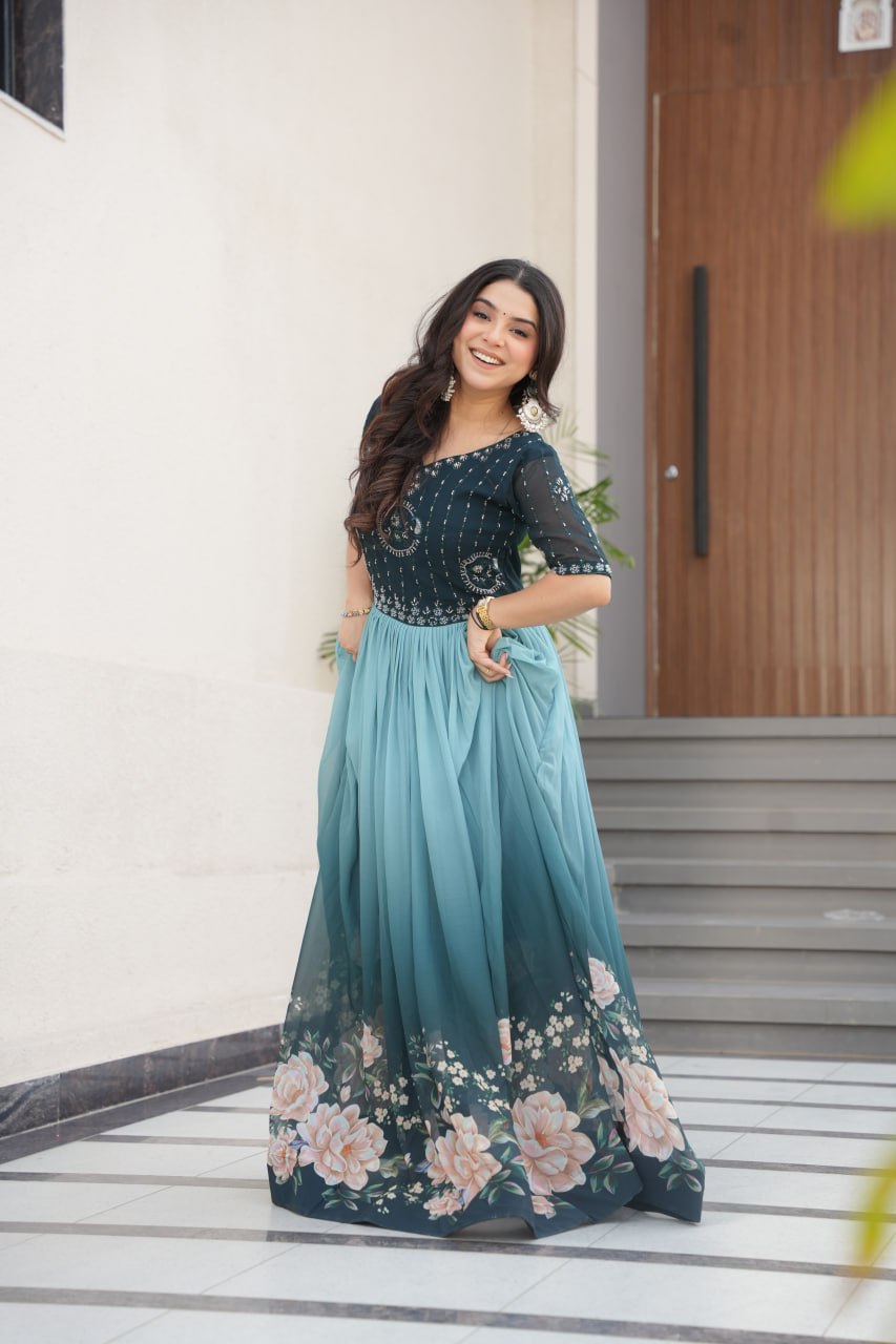 Floral Beaded Embroidered Faux Georgette Gown - ETHNICDEAL