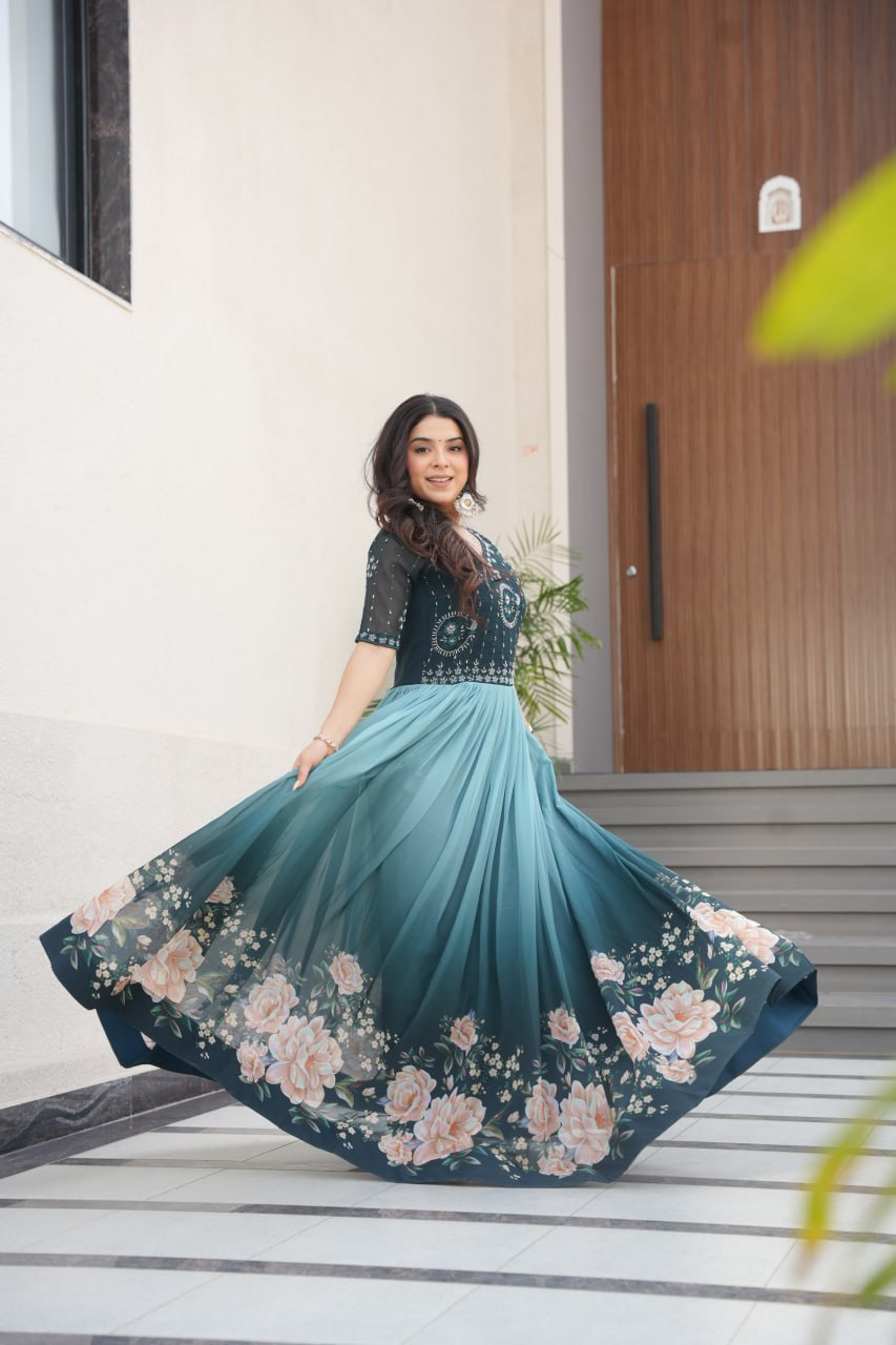 Floral Beaded Embroidered Faux Georgette Gown - ETHNICDEAL