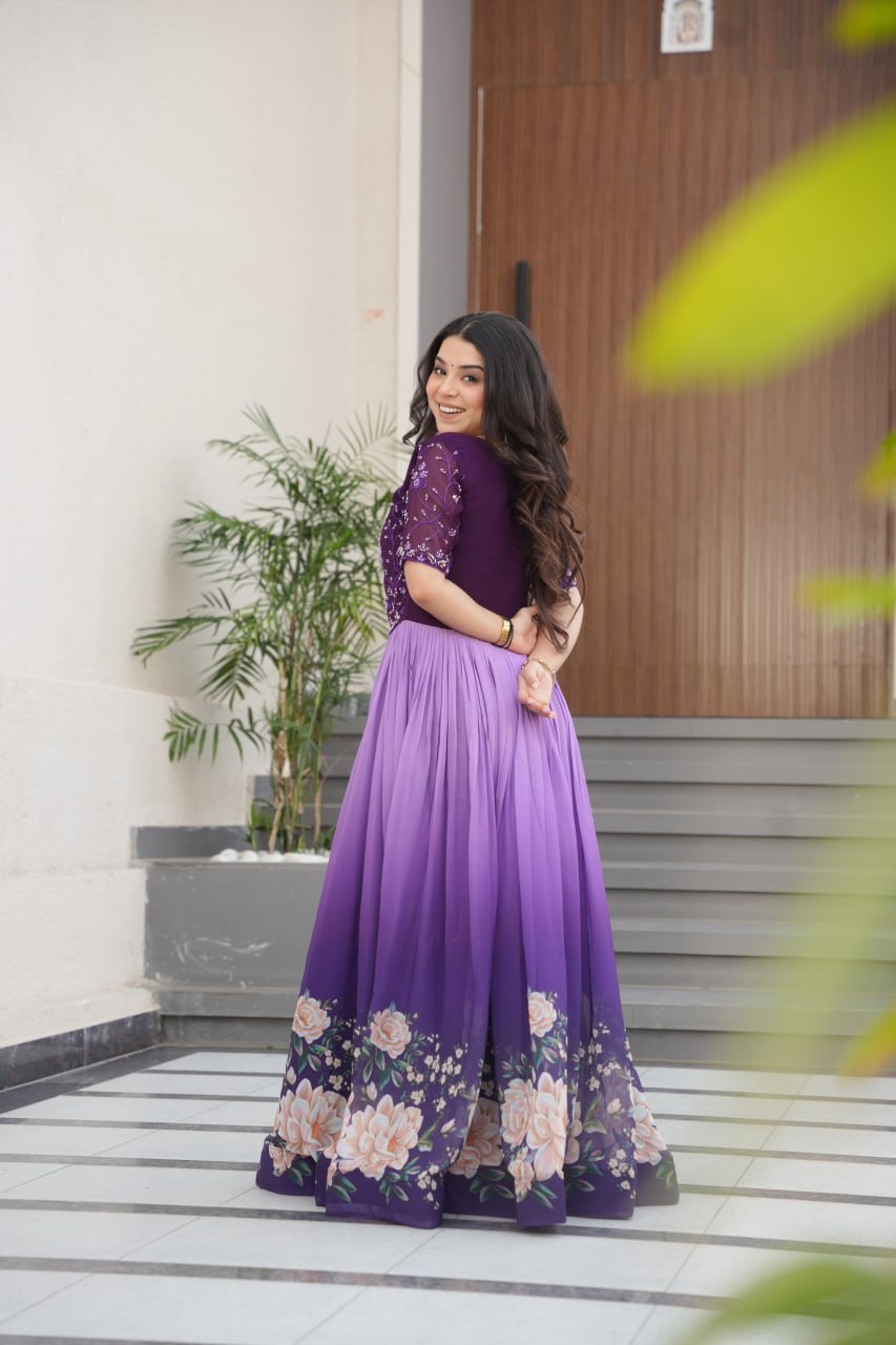 Floral Beaded Embroidered Faux Georgette Gown - ETHNICDEAL