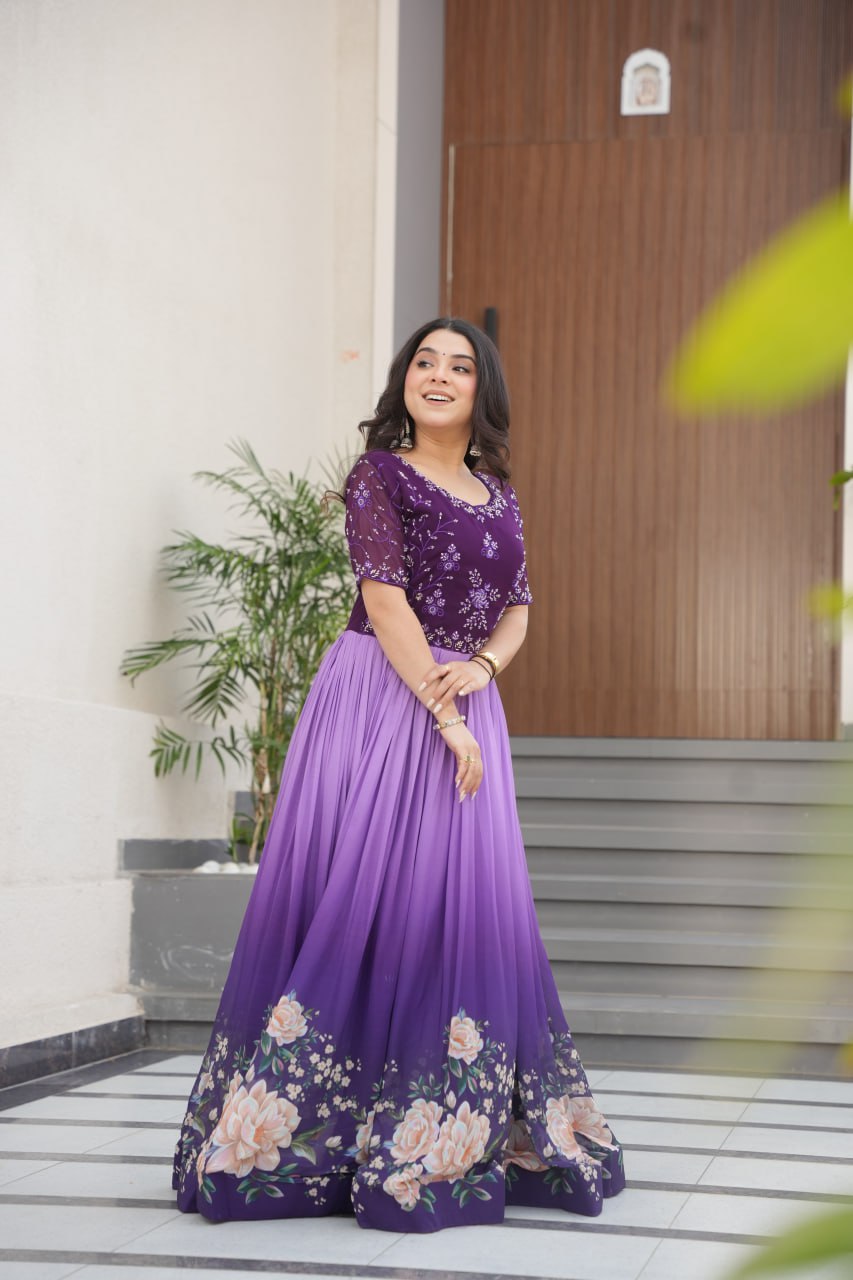 Floral Beaded Embroidered Faux Georgette Gown - ETHNICDEAL